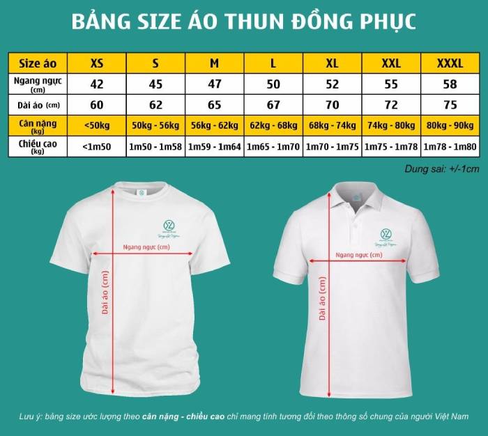 Bảng size áo đồng phục công ty tiêu chuẩn theo so đo cơ thể, chiều cao, cân nặng