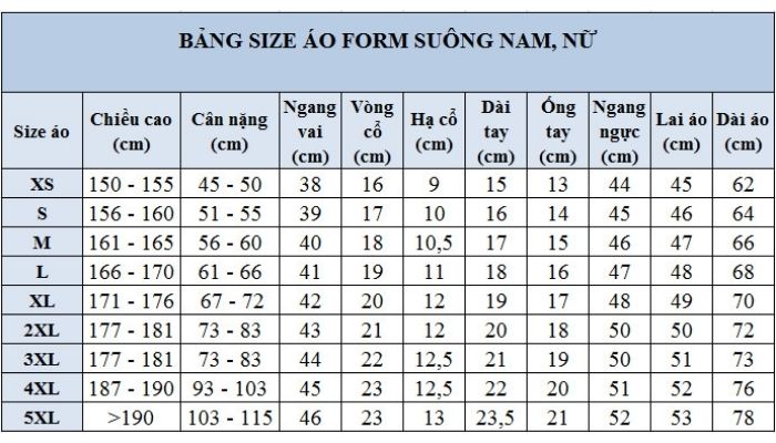 Bảng size tham khảo dễ dàng chọn cỡ đồng phục