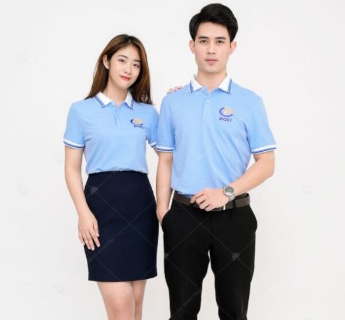 Thời trang đồng phục công ty thun polo cổ đức xanh nhạt nhã nhặn