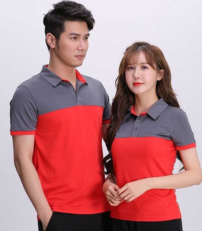 Trang phục áo đồng phục polo phối 2 màu đỏ xám đẹp