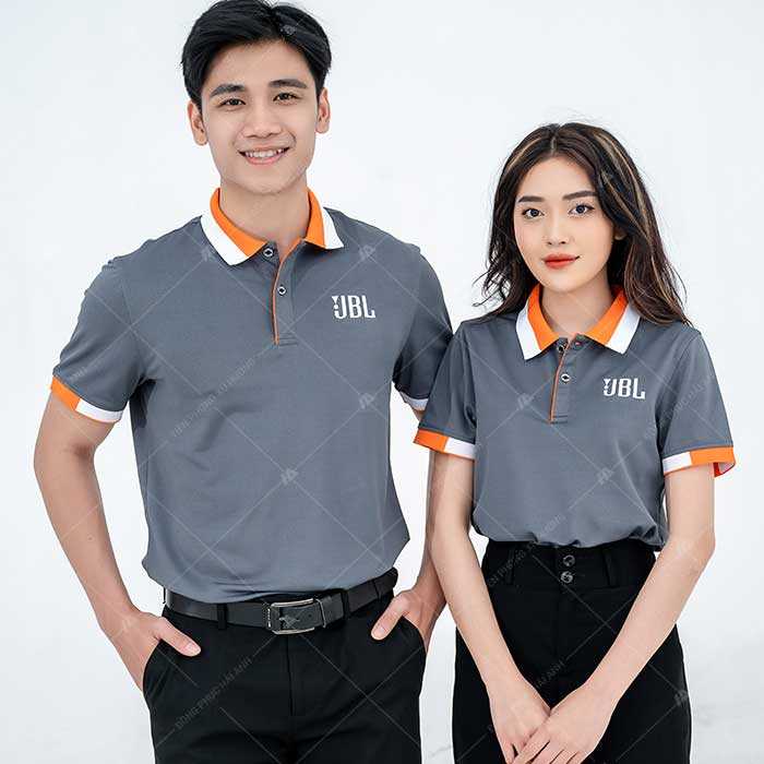 Mẫu áo đồng phục polo màu xám mix cam trắng lịch sự