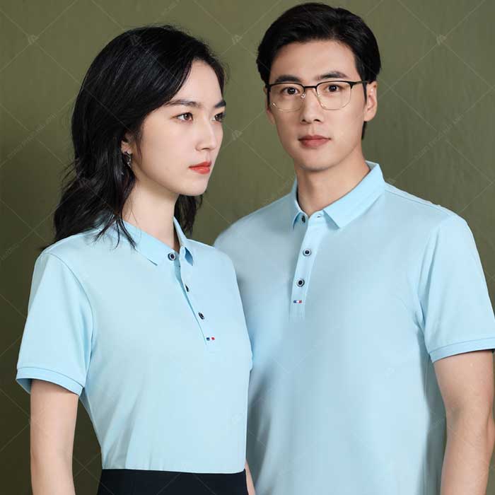 Áo polo đồng phục doanh nghiệp xanh da trời chất liệu Lacoste