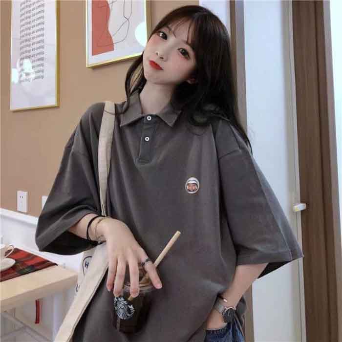 Thời trang áo polo form rộng có cổ màu trơn trendy