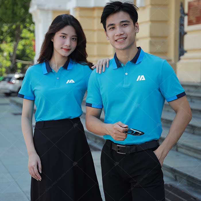 Áo polo công sở xanh cho cả nam và nữ