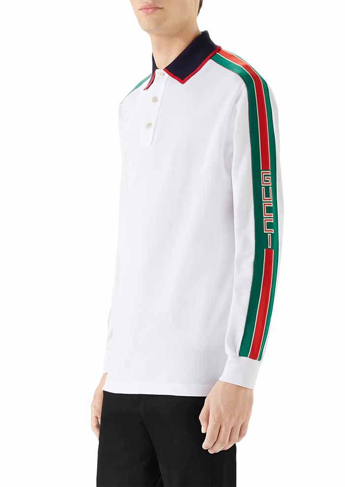 Áo polo dài tay trắng hiệu Gucci sọc xanh đỏ