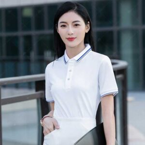 Áo polo trắng viên cổ xanh cotton