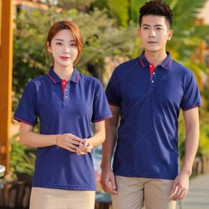 Mẫu áo polo xanh tím than viên cổ đỏ vải bamboo