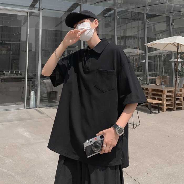 Mẫu áo thun polo oversize form rộng màu đen trơn