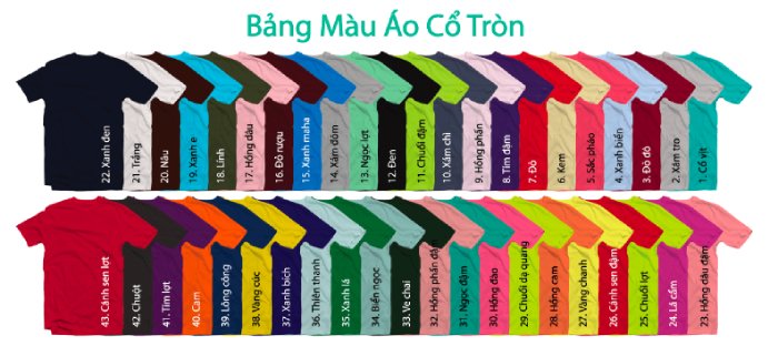 Bảng màu áo thun cổ tròn đa dạng sắc màu