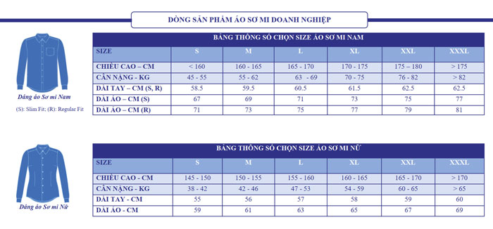 Bảng size áo sơ mi đồng phục cho cả nam và nữ