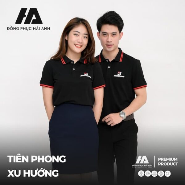 Đồng phục áo polo cộc tay đen cổ cách điệu- Đồng phục Hải Anh