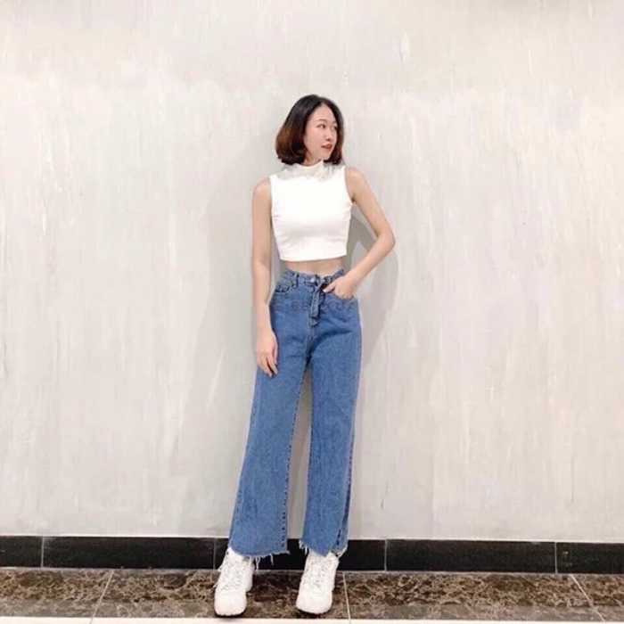 Quần ống rộng vải jeans phối áo croptop sát nách thời trang