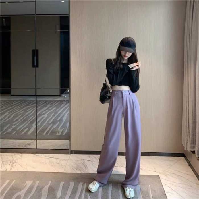 Quần ống rộng vải kaki dáng dài phối áo thun croptop tay dài cool ngầu