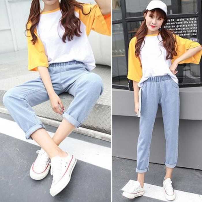 Quần baggy ống lửng mix áo phông oversize trẻ trung