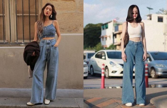 Áo dáng ngắn mix cùng quần jeans dáng suông giúp chị em khéo khoe vòng 2 nuột nà